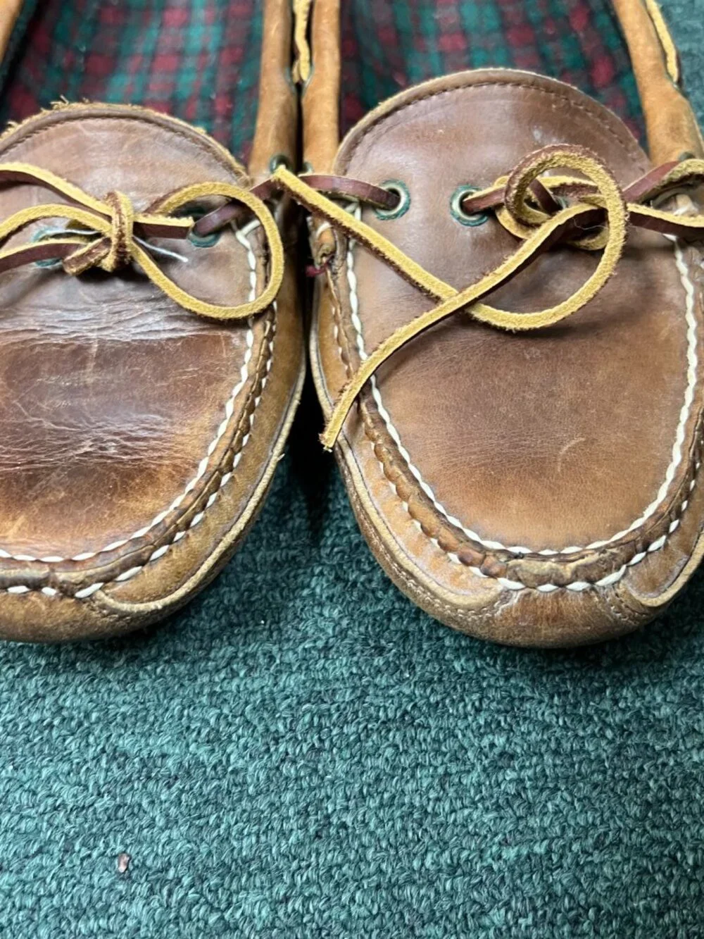 Brown Genuine Leather Boat Shoes Deck Loafers Moc Toe Plaid Lined Vtg handmade